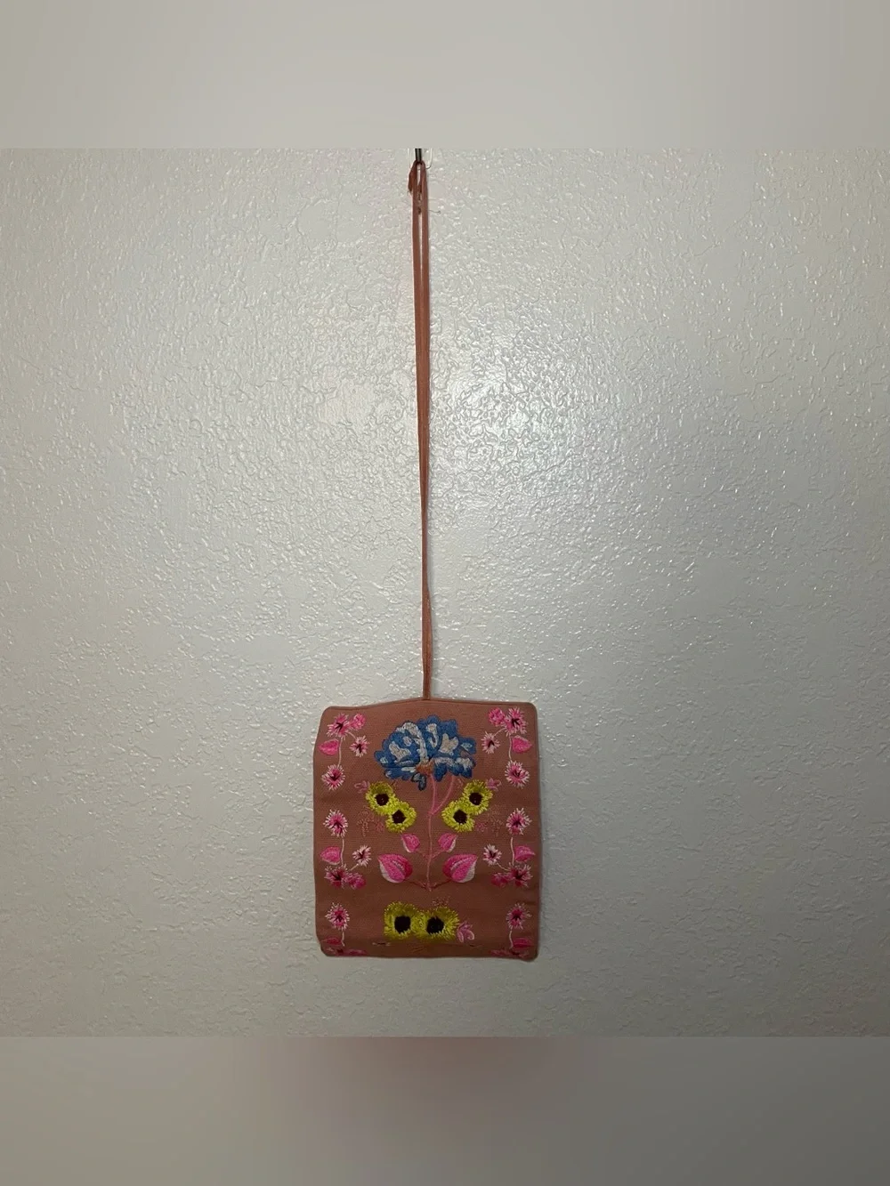 Anthropologie Handcrafted Pink Embroidered Floral Wall Hanging